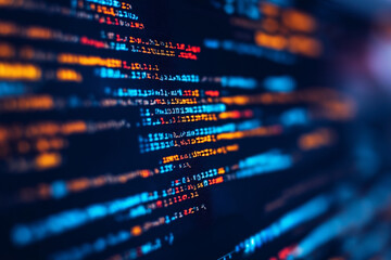 Macro shot of colorful program code on computer screen with red, blue and yellow syntax highlighting against dark background, showcasing modern software development environment in shallow depth of fie