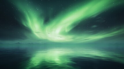 Fototapete - Majestic auroras illuminate the night sky over a tranquil ocean landscape.