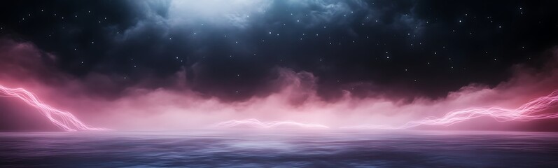 Fototapete - Surreal landscape with pink clouds and a glowing atmosphere under a starry sky.