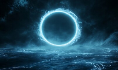Fototapete - A glowing circular portal over a dark, tranquil ocean landscape at night.