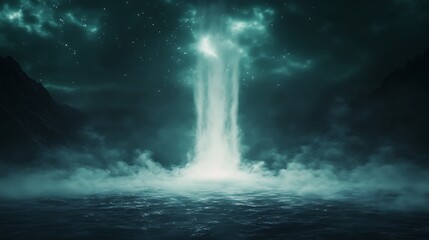 Poster - Mysterious waterfall illuminated by ethereal light in a dark, misty landscape.