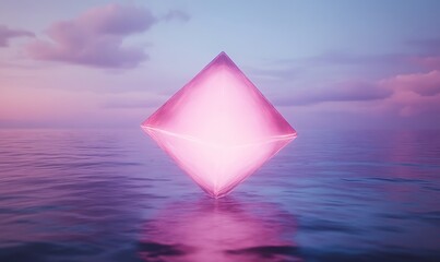 Fototapete - A glowing pink diamond shape floats above tranquil waters at dusk.
