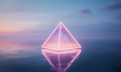 Fototapete - A glowing pyramid reflects on calm waters at sunset, creating a serene and mystical atmosphere.