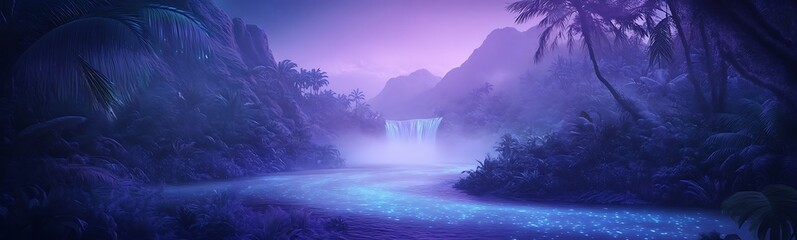 Fototapete - Misty waterfall surrounded by lush greenery under a twilight sky.