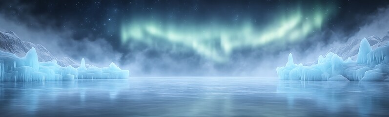Poster - Majestic aurora borealis over a serene icy landscape reflecting in calm waters.