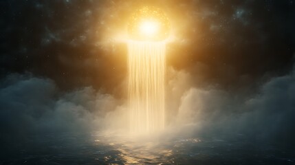 Aufkleber - A radiant waterfall of light cascading from a glowing sun amidst dark clouds over an ocean.