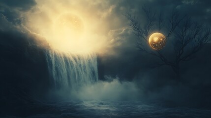 Fototapete - Surreal landscape with a glowing sun, waterfall, and a mysterious orb in a misty atmosphere.