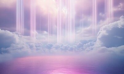 Fototapete - Dreamy pastel sky with ethereal light beams reflecting on tranquil water surface.