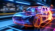 © chusnul - Futuristic neon wireframe car model displayed in a high-tech automotive workshop environment
