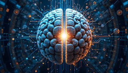 3d rendered illustration of human brain,A conceptual image exploring the theme of the intersection between artificial intelligence and human consciousness