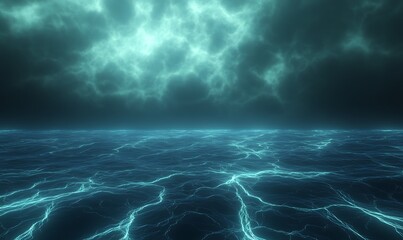 Aufkleber - Dark, turbulent ocean under a moody sky, reflecting eerie, glowing ripples on the water's surface.