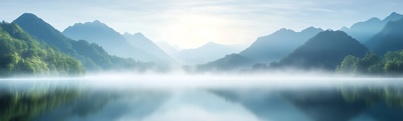 Wall Mural - serene landscape with misty mountains reflecting in a calm lake under a bright morning sky.