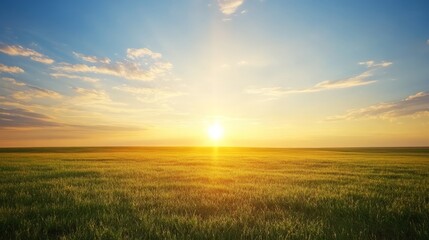 Wall Mural - golden sunset over green field. peaceful landscape, bright sun, blue sky, and nature's beauty.