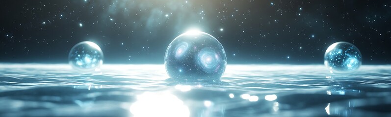 Fototapete - Glowing spheres reflect on a shimmering water surface, creating a serene, ethereal atmosphere.