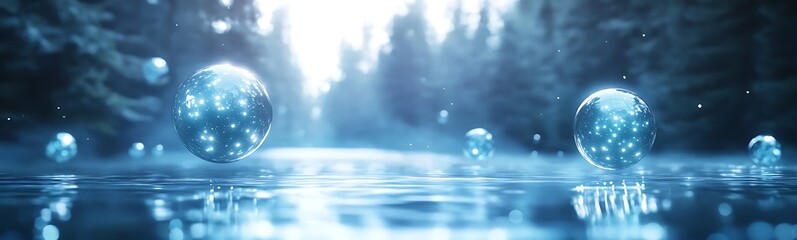 Fototapete - Glowing bubbles float on a tranquil water surface, surrounded by a misty forest backdrop.