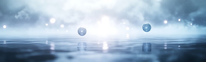 Fototapete - Serene blue spheres reflect in calm water under a misty, luminous sky.