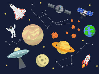 cute outer space set cosmic bundle doodle spaceship planet collection naive stellar sticker illustra