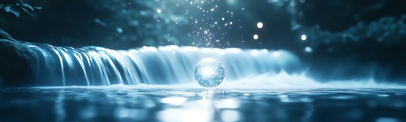 Poster - A serene waterfall with sparkling water droplets and a reflective surface creating a tranquil atmosphere.