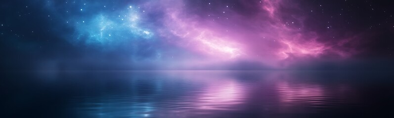 Poster - Vibrant cosmic scene with swirling galaxies reflected in tranquil waters.