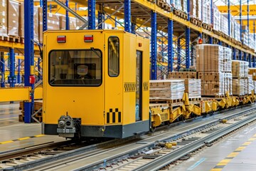 autonomous electric vehicle transporting goods inside advanced smart warehouse. automated logistics 