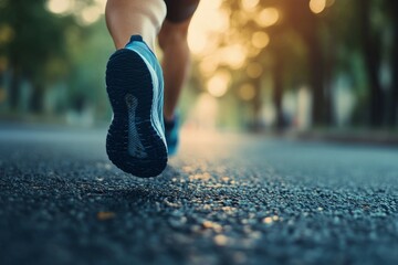 Poster - A runner moves gracefully along a quiet road surrounded by trees, enjoying the tranquility of the early morning light and fresh air Generative AI