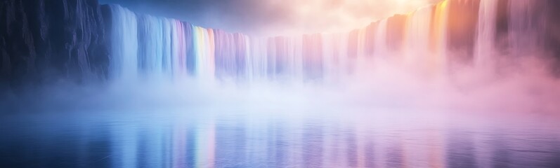 Poster - Misty waterfall reflecting colorful lights in a serene landscape.