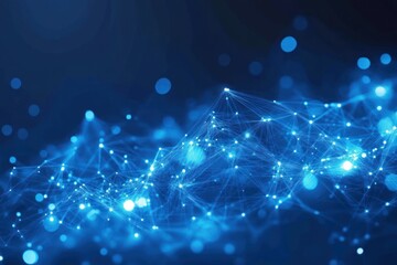 A blue, tech-inspired backdrop with flowing binary code and digital nodes, symbolizing data transfer and the advancements in technology.