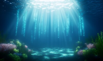 Fototapete - Underwater scene illuminated by sunlight, featuring colorful corals and shimmering water.