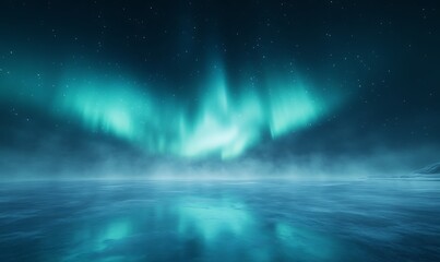 Poster - Vibrant auroras illuminate a tranquil night sky over a serene body of water.