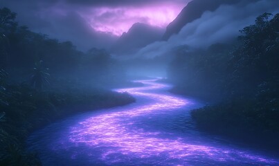 Fototapete - A mystical river illuminated by purple light, surrounded by foggy mountains and dense foliage.
