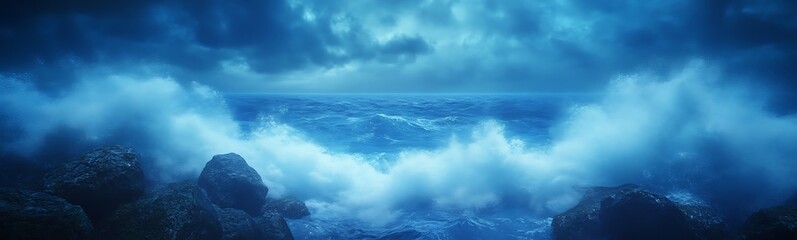 Wall Mural - dramatic ocean waves crashing against rocky shore under a moody blue sky.