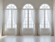 © Bella - Elegant arched windows adorned with flowing sheer white curtains, creating a bright and airy atmosphere with soft natural light filtering through