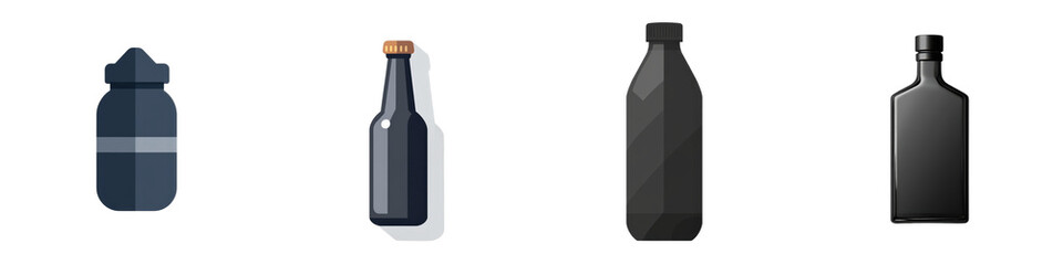 Row of assorted bottles on white background for display and composition isolated on white or transparent
