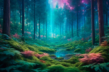 Wall Mural - A holographic landscape nature with forest, made up of many particles. Generative AI.