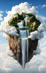 Wall Mural - a dreamlike landscape where waterfalls flow upwards into floating clouds