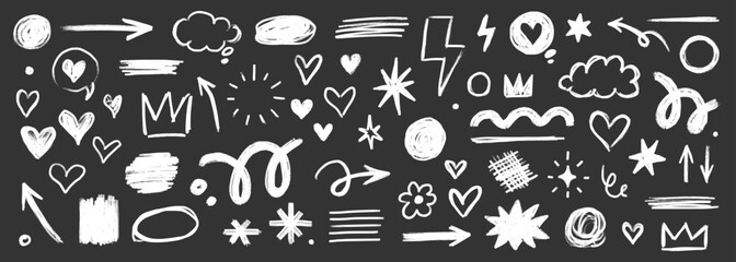 Aufkleber - Line kid pencil color brush hand drawn chalk vector element set. Texture brush chalk stroke kid heart, star, arrow element hand drawn sketch scribble. Crayon pencil style. Vector illustration