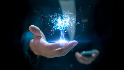 Poster - A businessman in a dark suit holds a glowing holographic tree made of digital data and network connections, symbolizing technology, innovation, and artificial intelligence. digital transformation.