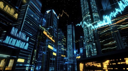 Fototapete - Futuristic cityscape at night with dynamic stock market data overlaid on buildings.