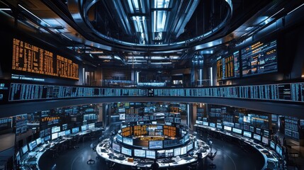 Fototapete - Futuristic control room with numerous monitors displaying data.