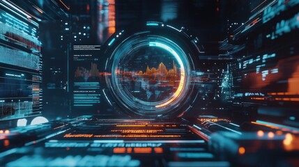 Aufkleber - Futuristic digital interface with global data visualization and holographic display.