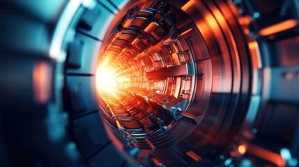 Aufkleber - Futuristic metallic tunnel with bright light at the end.