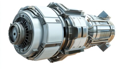 Poster - Futuristic metallic cylindrical engine, isolated on white background.