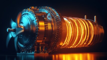 Poster - Futuristic metallic turbine engine with glowing orange core, detailed 3D render.