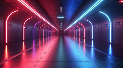 Aufkleber - Futuristic neon-lit corridor with red and blue glowing lines reflecting on glossy floor.