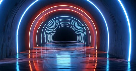 Wall Mural - Neon tunnel with glowing arches, reflective floor, and dark interior