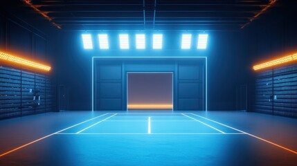 Poster - Futuristic neon-lit warehouse interior with open garage door and glowing lines on floor.
