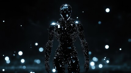 Aufkleber - Futuristic robot figure stands in dark, glowing background.