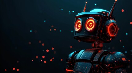 Fototapete - Futuristic robot with glowing red eyes against a dark background.