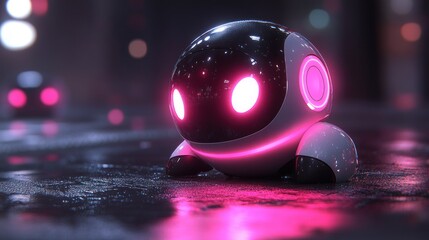 Aufkleber - Futuristic small robot with glowing pink eyes on dark city street.
