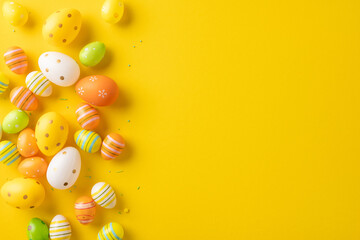 Wall Mural - decorated easter eggs arranged on a green background with small flowers and empty area